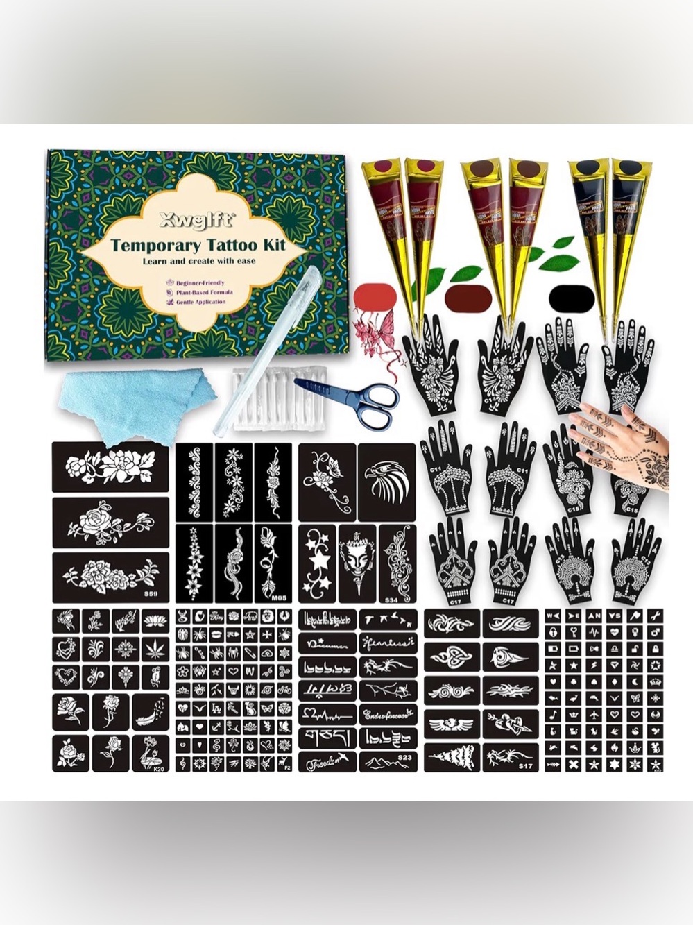 191 PCS Temporary Tattoo Stencils Kit, 6 Standard, 191 Designs & 6 Cones